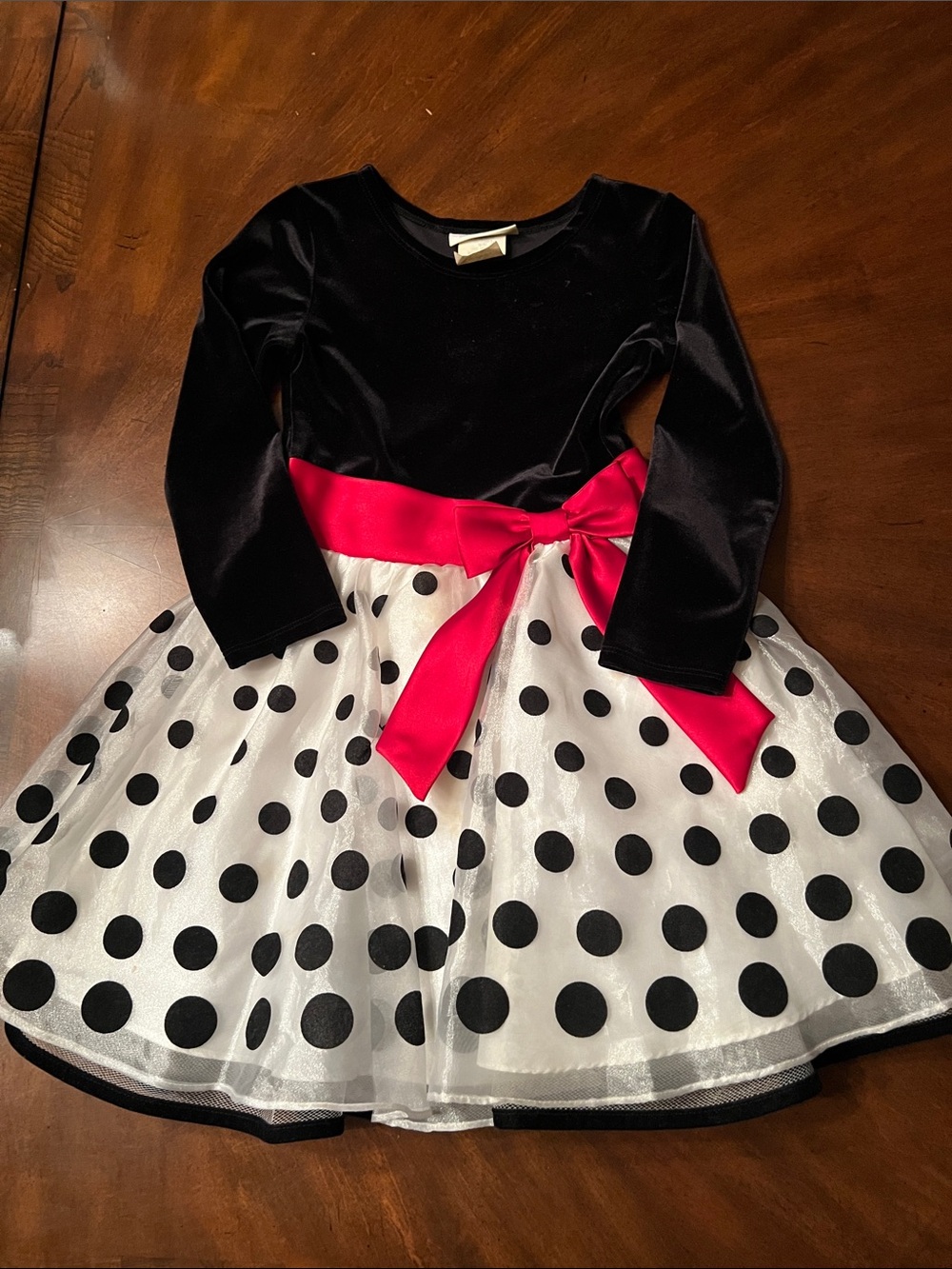 Black Velvet Long-Sleeve Dress with White Polka Dot Skirt and Pink Sash - Kids